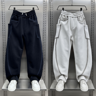 百搭运动加绒加绒卫裤 潮牌2024新款 时尚 男士 男 纯色条纹休闲弯刀裤