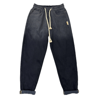 秋冬潮牌加绒加厚牛仔裤男士宽松直筒水洗渐变色抽绳痞帅哈伦裤男