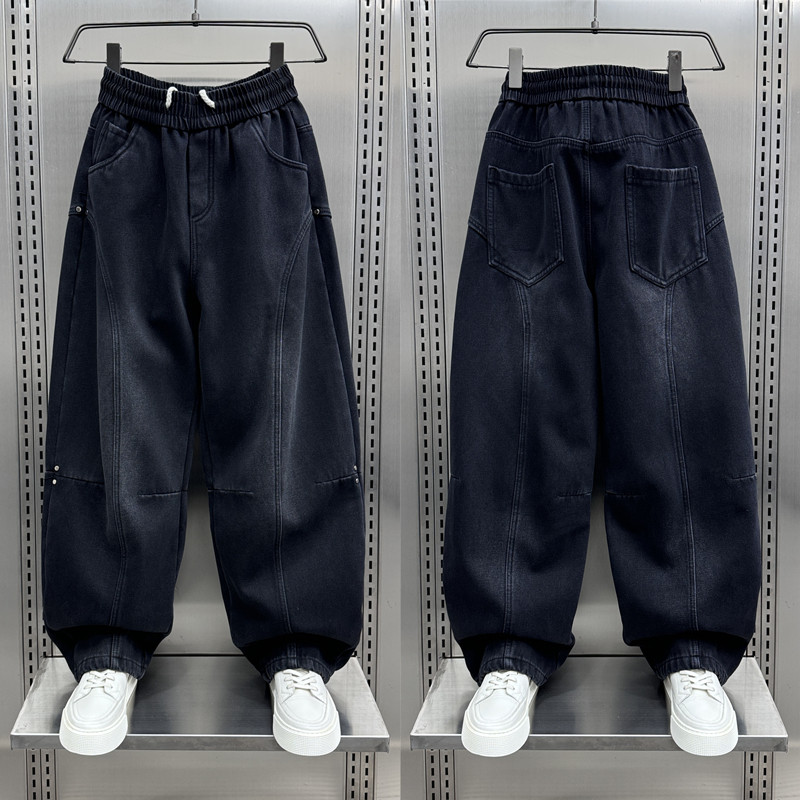 秋冬新款痞帅水洗拼接加绒牛仔裤男士2024新款宽松直筒阔腿哈伦裤,男装,牛仔裤,淘宝优惠券,粉丝福利购,淘宝优惠卷