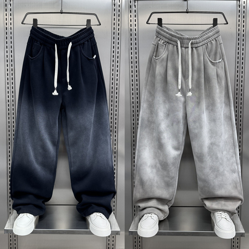 渐变色运动卫裤男士2025春秋新款加绒加厚宽松直筒阔腿拖地休闲裤