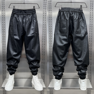 外卖骑手防风防水保暖青年拼接哈伦裤 pu皮裤 加绒加厚男士 秋冬新款
