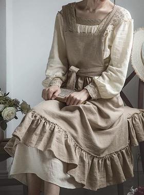 复古风荷叶边素色围裙纯棉加厚高颜值花艺师防水围裙家用烘焙围腰