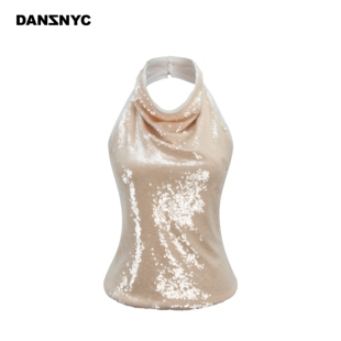 DANZ 背心 高级气质裸色亮片荡领挂脖上衣立体剪裁设计无袖