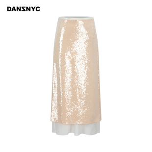 DANZ 高级优雅浪漫清透裸色亮片拼接双层迷笛裙立体剪裁半裙