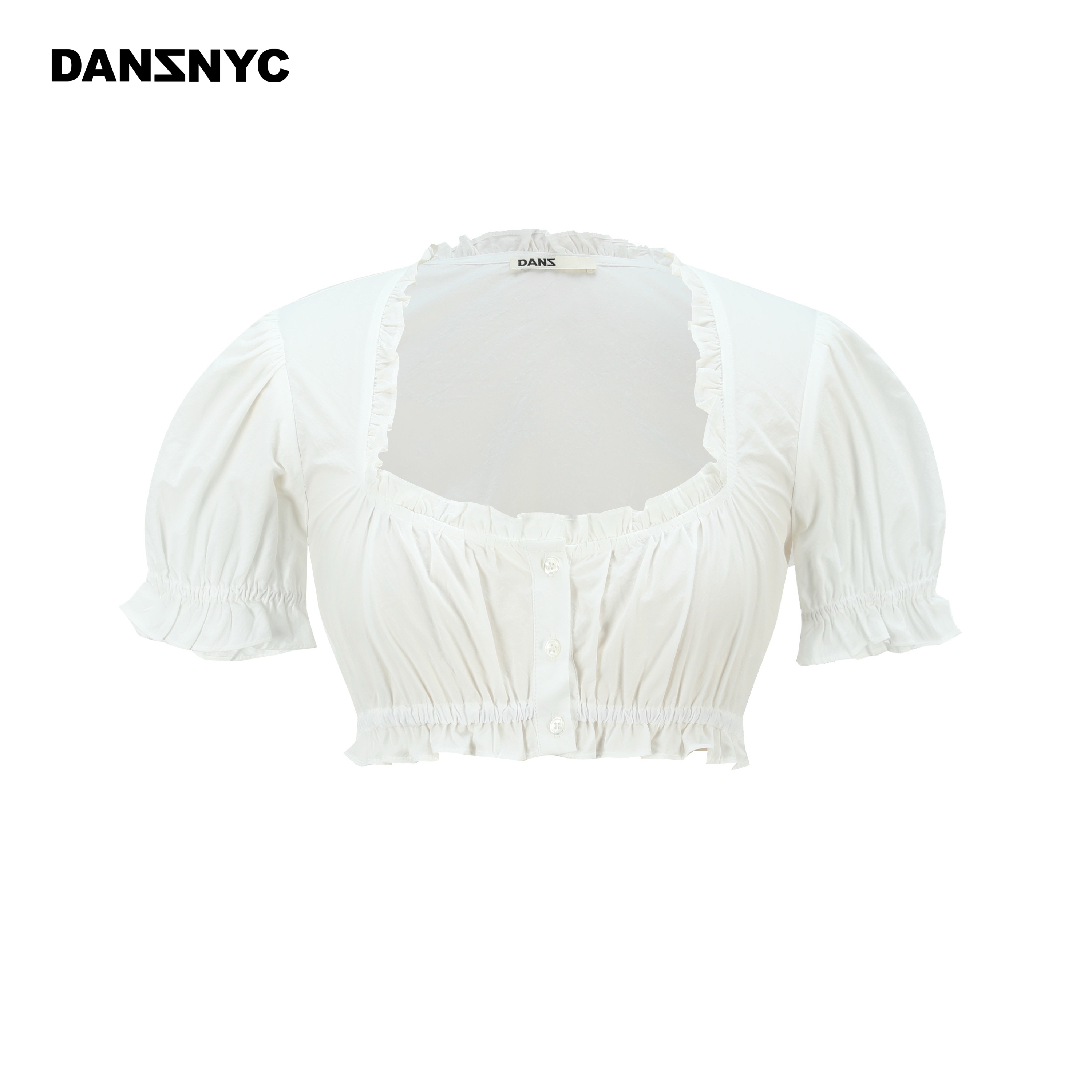DANZ砂洗棉花边泡泡袖法式度假风修身短款上衣高级肌理可爱短袖衣