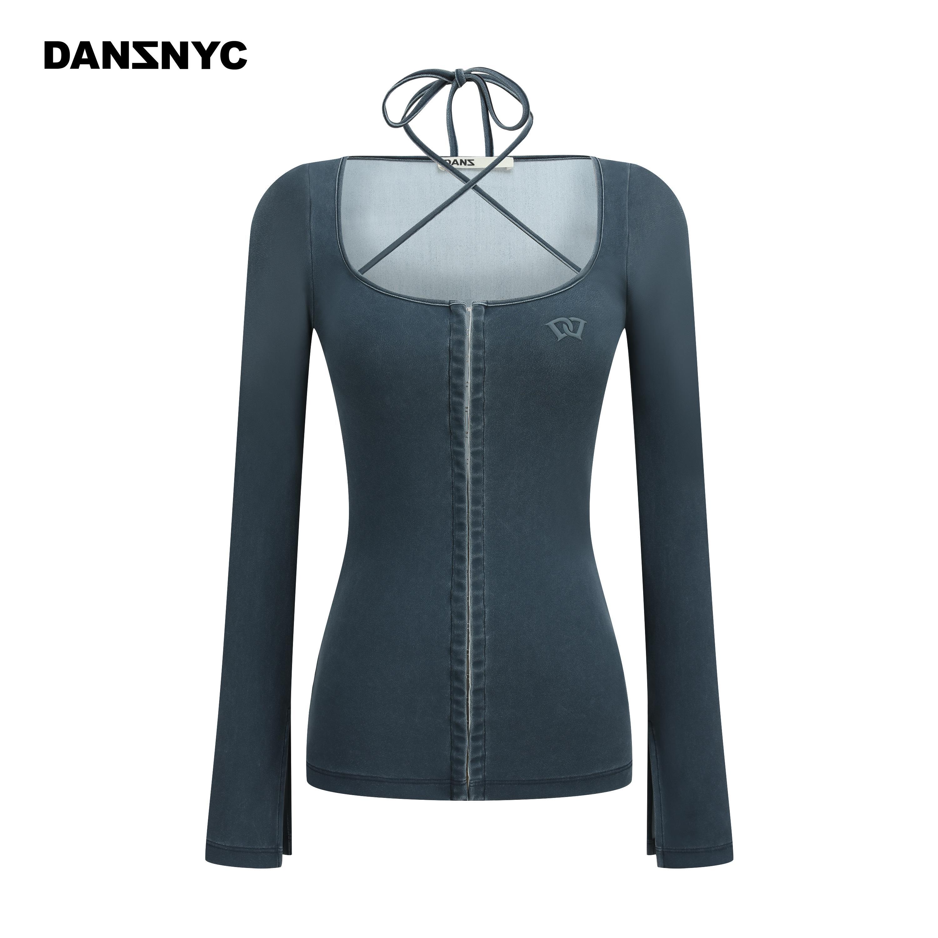 DANZ SENSITIVE®意大利运动速干面料钩扣绑带长袖牛仔蓝水洗上衣