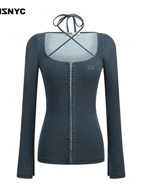 DANZ SENSITIVE®意大利运动速干面料钩扣绑带长袖牛仔蓝水洗上衣