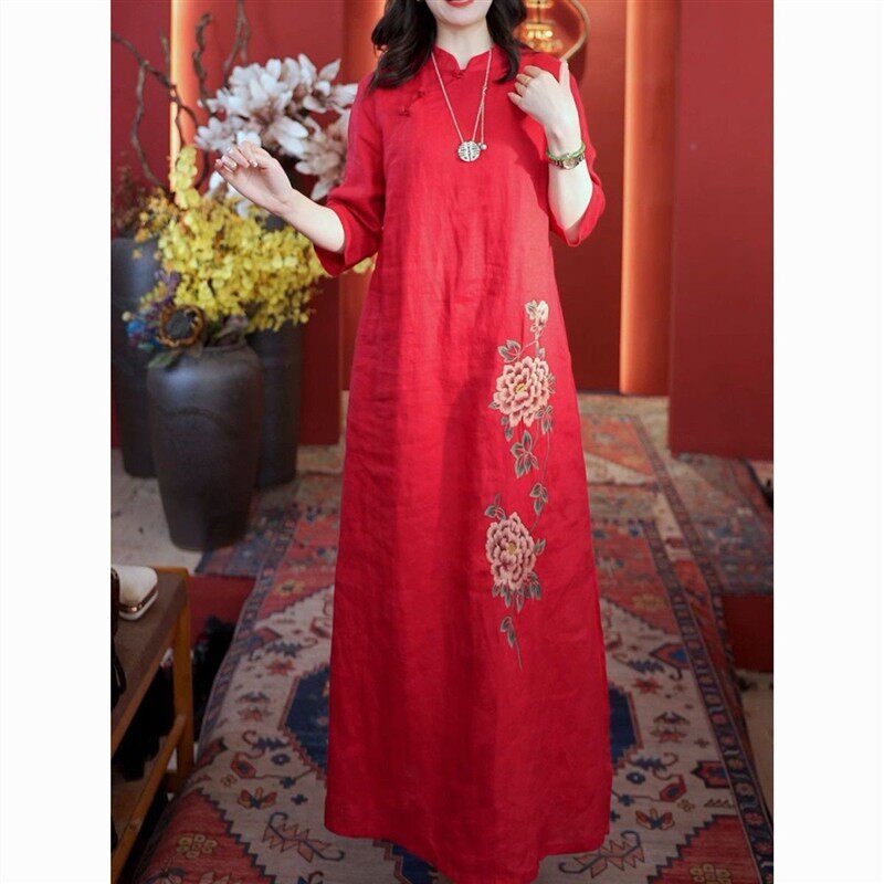 刺绣连衣裙秋夏新款宽松显瘦改良新中式国风复古重工旗袍长裙