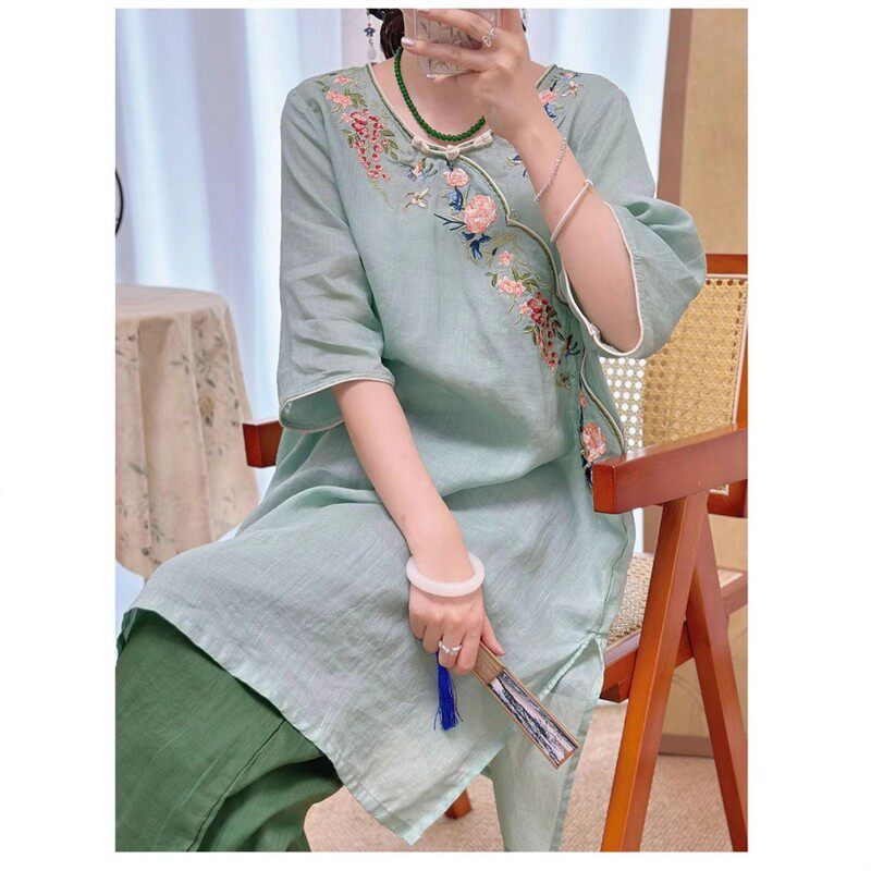 春夏新款中式国风改良旗袍复古刺绣斜扣显瘦宽松气质新中式连衣裙