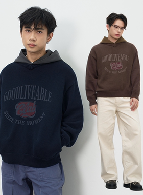 GOODLIVEABLE 美式复古假两件毛衣帽衫数码直喷印花百搭做旧外套