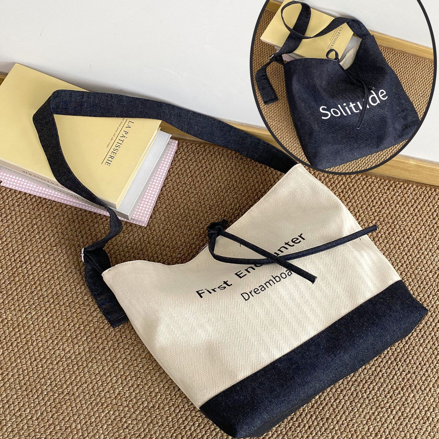 秋季新品韩系帆布牛仔拼接百搭斜挎包双面通勤简约学生上课包潮