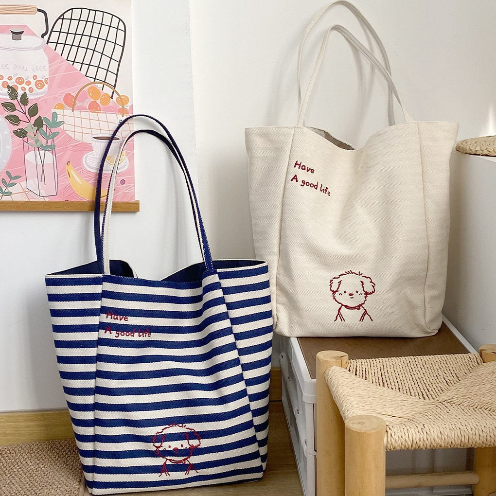 潦草小狗两面背刺绣帆布包休闲大容量女单肩包学生上课通勤托特包