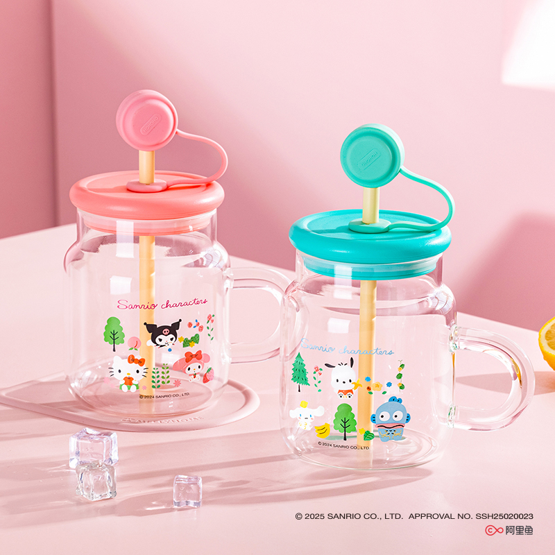 三丽鸥吸管玻璃杯家用带盖喝水杯