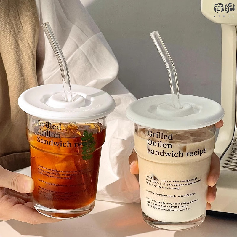 ins字母玻璃杯子高颜值带盖子子带吸管喝水杯子冰美式拿铁饮品咖
