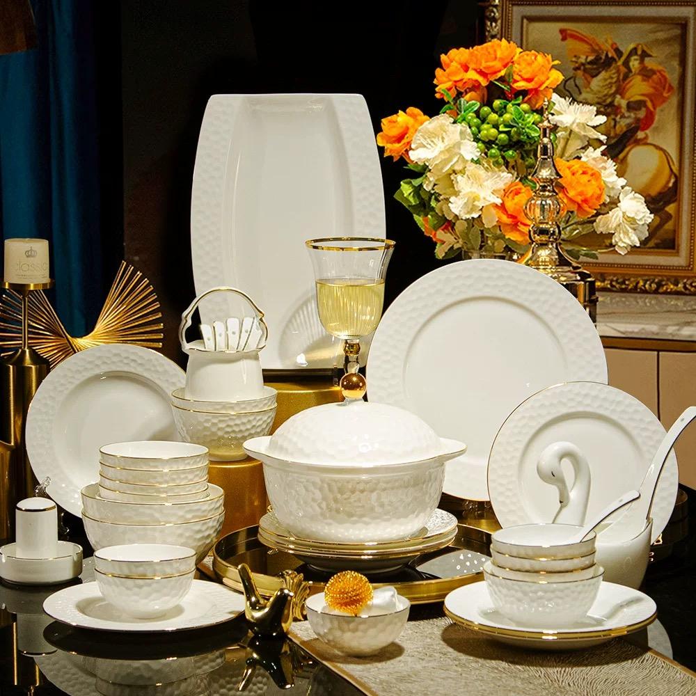 高档轻奢釉下彩纯白骨瓷餐具套装