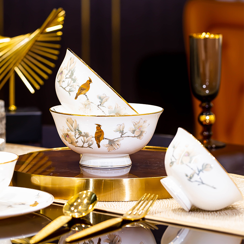 自由搭配骨瓷餐具家用中式碗碟餐盘礼品碗盘骨碟汤勺单品花鸟生平