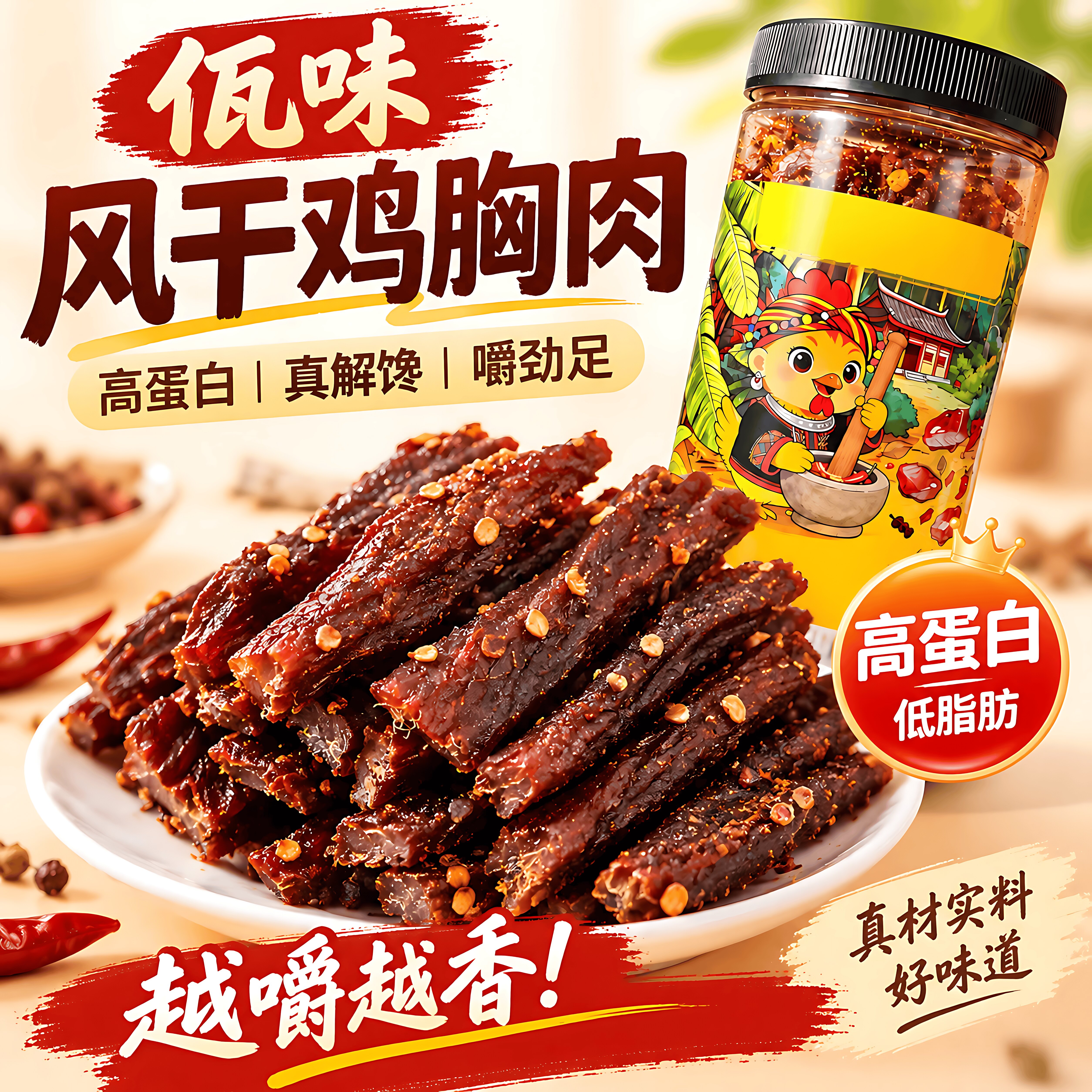 佤味风干鸡肉干鸡胸肉干条减低解馋卡脂健身抗饿代餐鸡肉条零食品