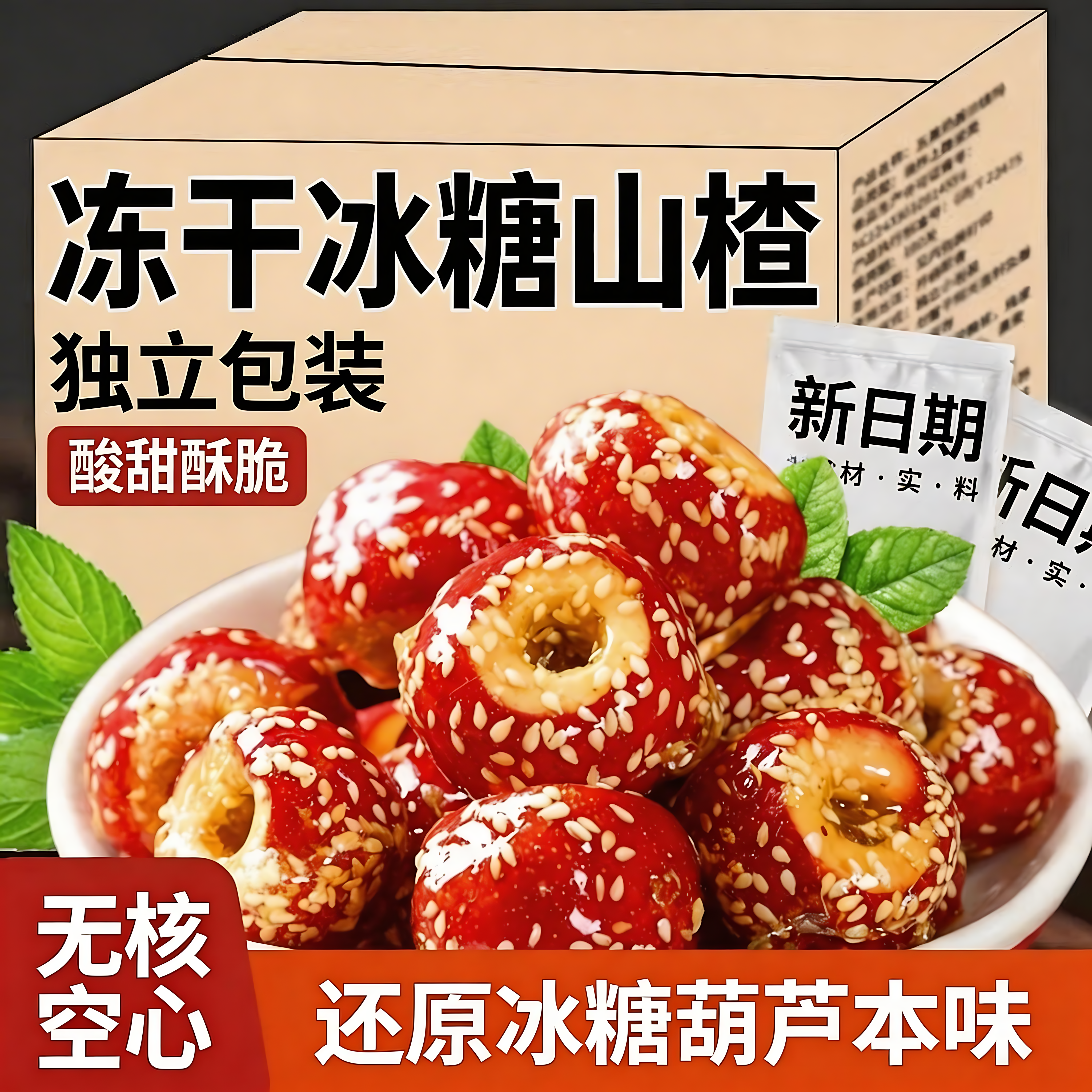 冻干山楂草莓脆冰糖葫芦整颗空心无核独立包装老北京风味解馋蜜饯