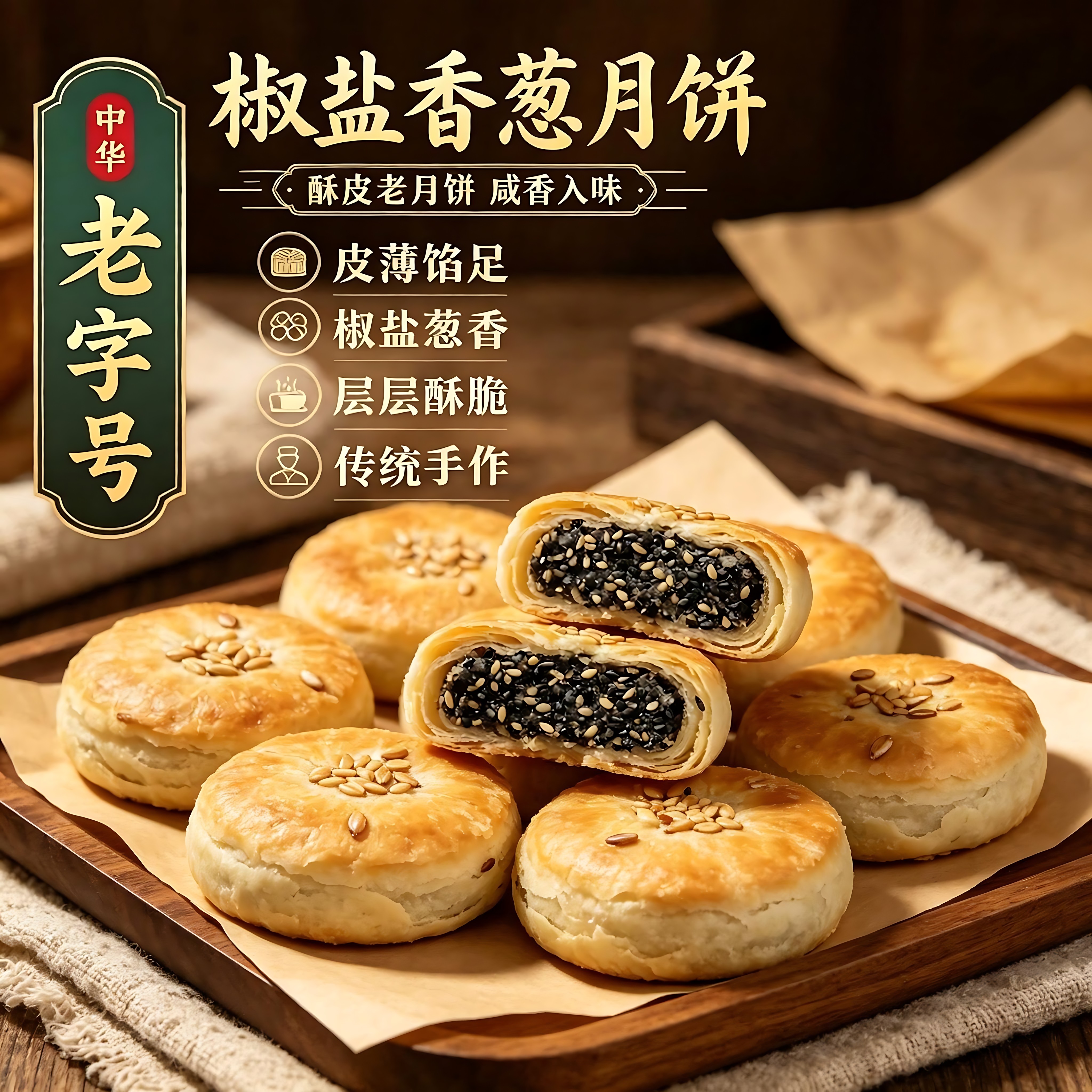 正宗宁波特产椒盐香葱酥皮月饼传统手工苏式中秋糕点葱香净素酥饼