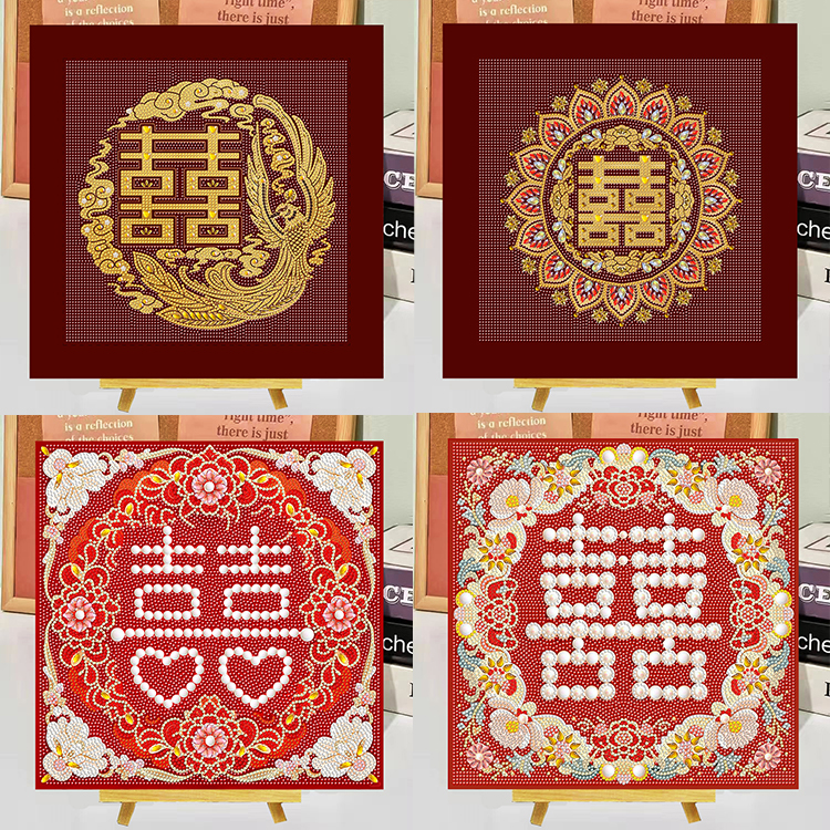 2025新款结婚喜字满钻珍珠画手工DIY钻石画30cm复古中式装饰画