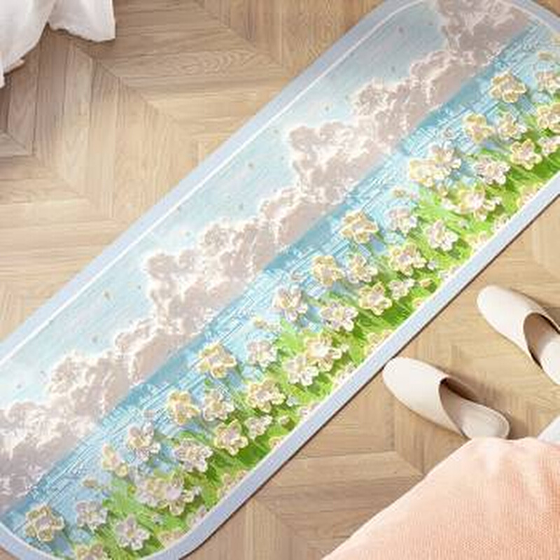 速发新油画风床边毯椭圆s皮革家用卧室地垫房间可擦免洗脚垫可品