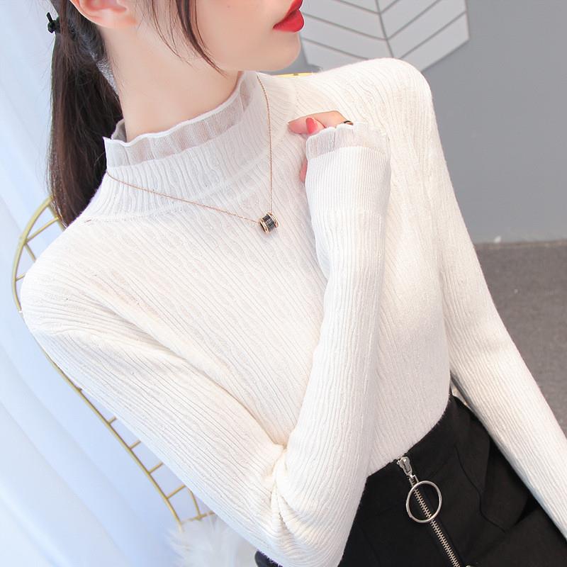 秋冬中领针织毛衣女半高领洋气长袖中领修身蕾丝荷叶边打底衫上衣