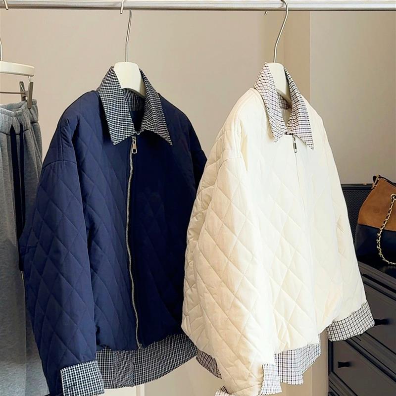 2025冬季新款假两件短款菱形格棉衣外套女拼接格子衬衫领夹克上衣