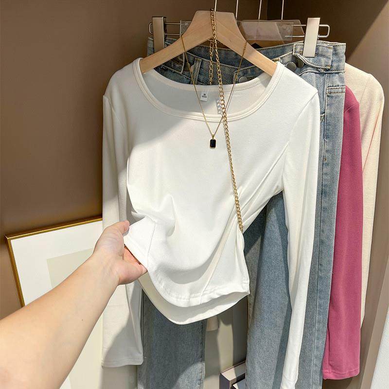 4519#实拍双面德绒打底衫女内搭秋冬季加绒加厚上衣长袖T恤鱼骨线