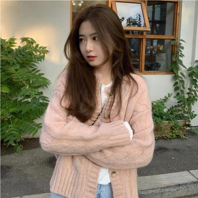 粉色麻花毛衣外套女2025新款春秋小个子宽松针织开衫韩系温柔上衣