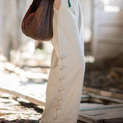 25冬棉麻女装新款苎麻夹棉绗缝长裤原创个性百搭保暖女式直筒棉裤