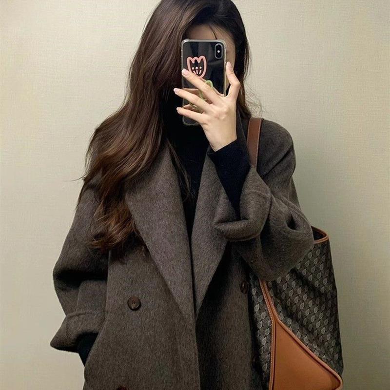 2025新款秋冬韩系西装毛呢子外套中长款美拉德单面羊绒大衣女