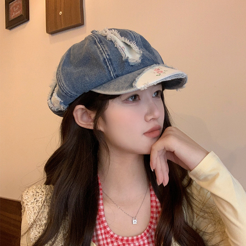 2025新款韩版时尚百搭大脸显脸小八角帽女宽檐水洗做旧破洞蓓蕾帽
