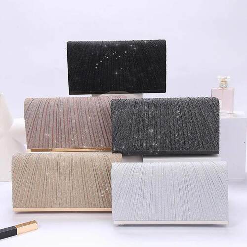 Womens Pleated Sequin Evening Clutch Bag Wedding Purse