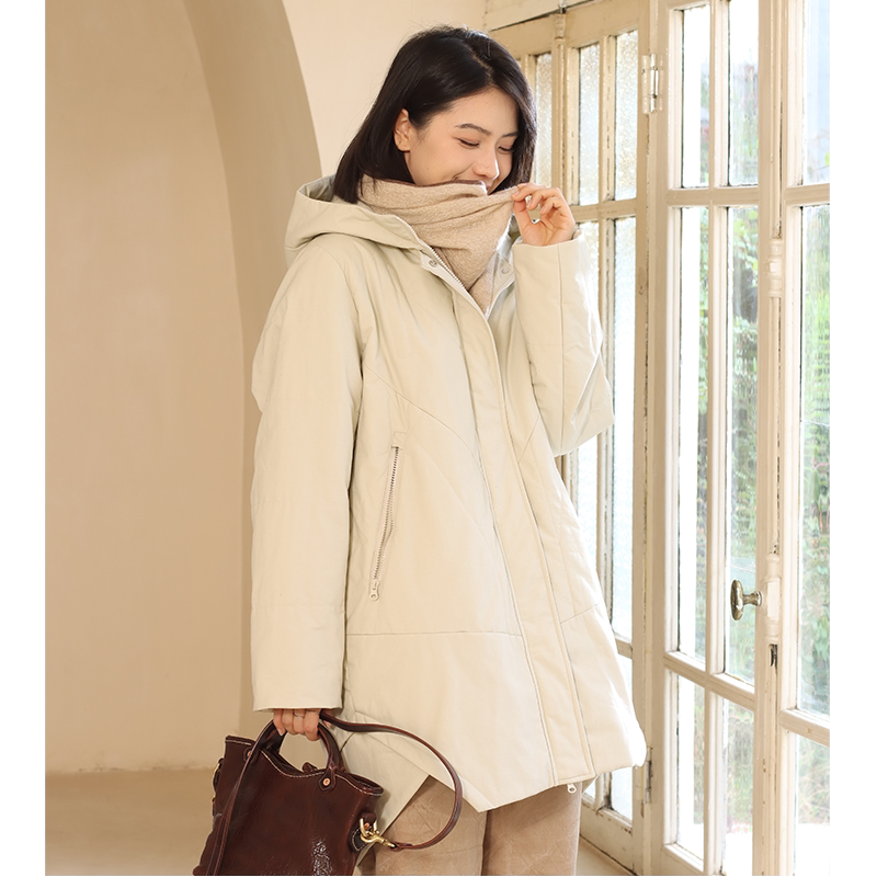 无色无味中长棉服女款冬季休闲简约浅色棉衣保暖夹棉外套轻便棉袄