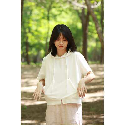 无色无味纯色连帽卫衣女短袖上衣