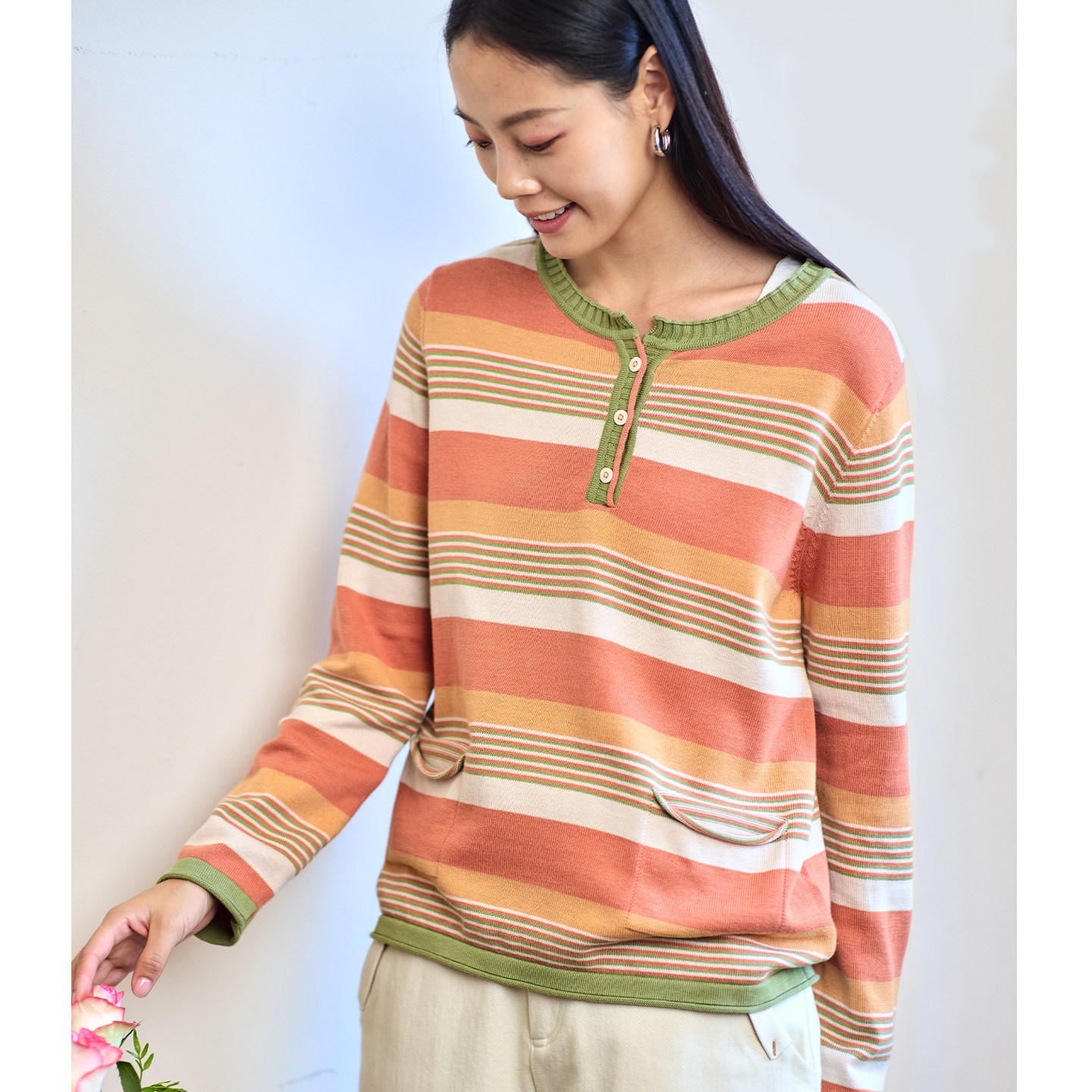 无色无味早秋薄款纯棉针织衫女新款套头罩衫长袖上衣条纹宽松毛衣