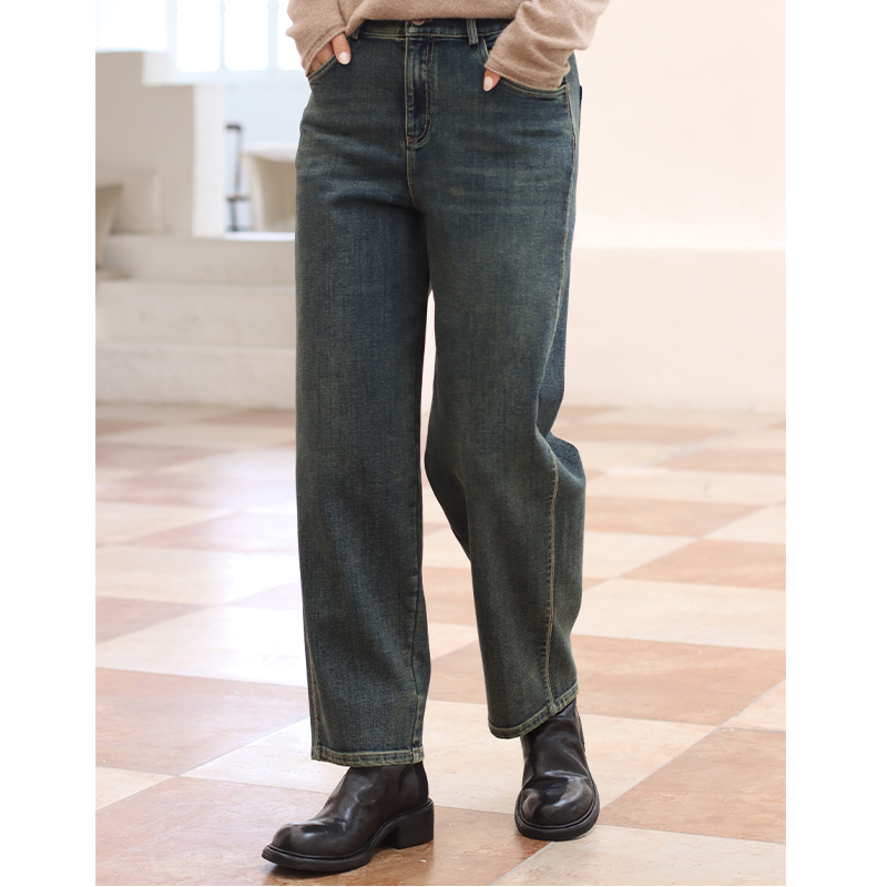 无色无味复古做旧牛仔裤高腰长裤