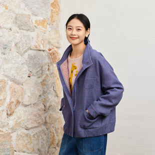 无色无味亚麻女士外套2026新款 设计感复古立领廓形棉麻短外套 春季