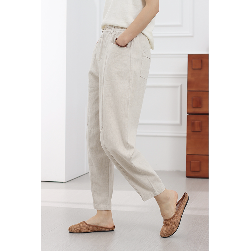 无色无味夏季棉麻裤子女复古简约亚麻棉松紧高腰显瘦哈伦裤休闲裤