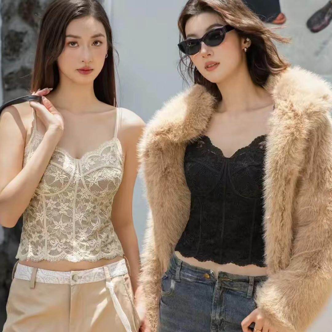 嘉嘉鸭6100性感纯欲风鱼骨线蕾丝吊带背心内搭带胸垫内衣秋冬打底