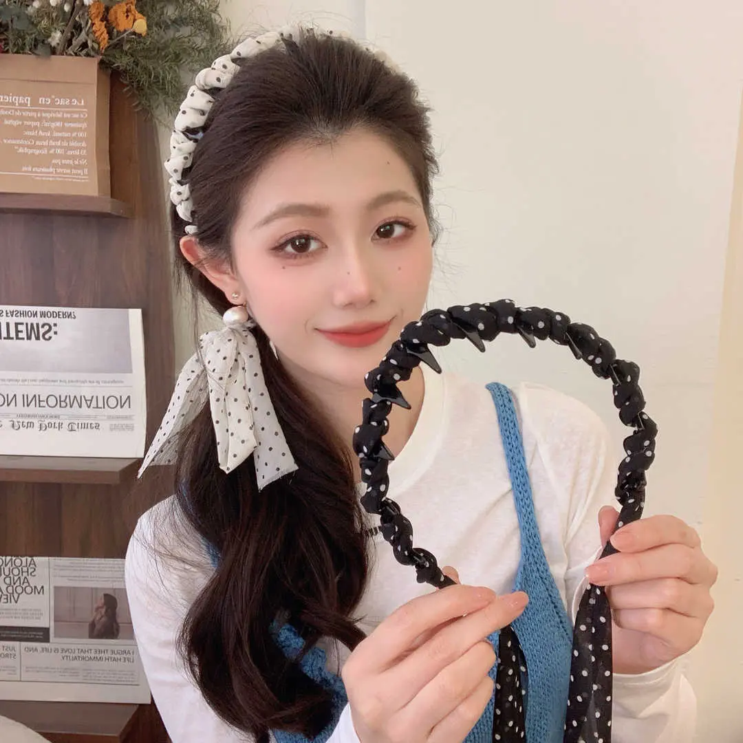 妙芙轻奢发饰波点飘带发箍女新款气质发带丝巾绑发外出编发头饰女