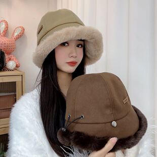 哆肉帽子屋渔夫帽女2023新款秋冬季毛绒鸭舌帽加厚保暖鱼夫盆帽女