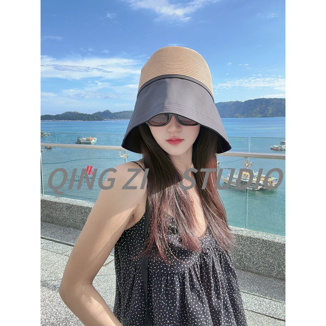 晴子Studio硬核防晒超大檐法式草编拼接遮阳帽通勤可扎马尾帽子女图片