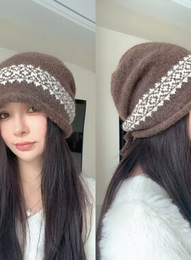 龙吟严选复古抽绳堆堆帽女秋冬新款大头围毛线帽子保暖提花针织帽