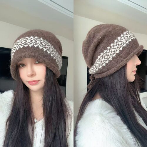 龙吟严选复古抽绳堆堆帽女秋冬新款大头围毛线帽子保暖提花针织帽