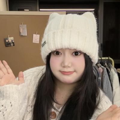 倩倩家秋冬新款57-65cm大头围猫耳朵针织帽女可爱保暖毛线帽加绒