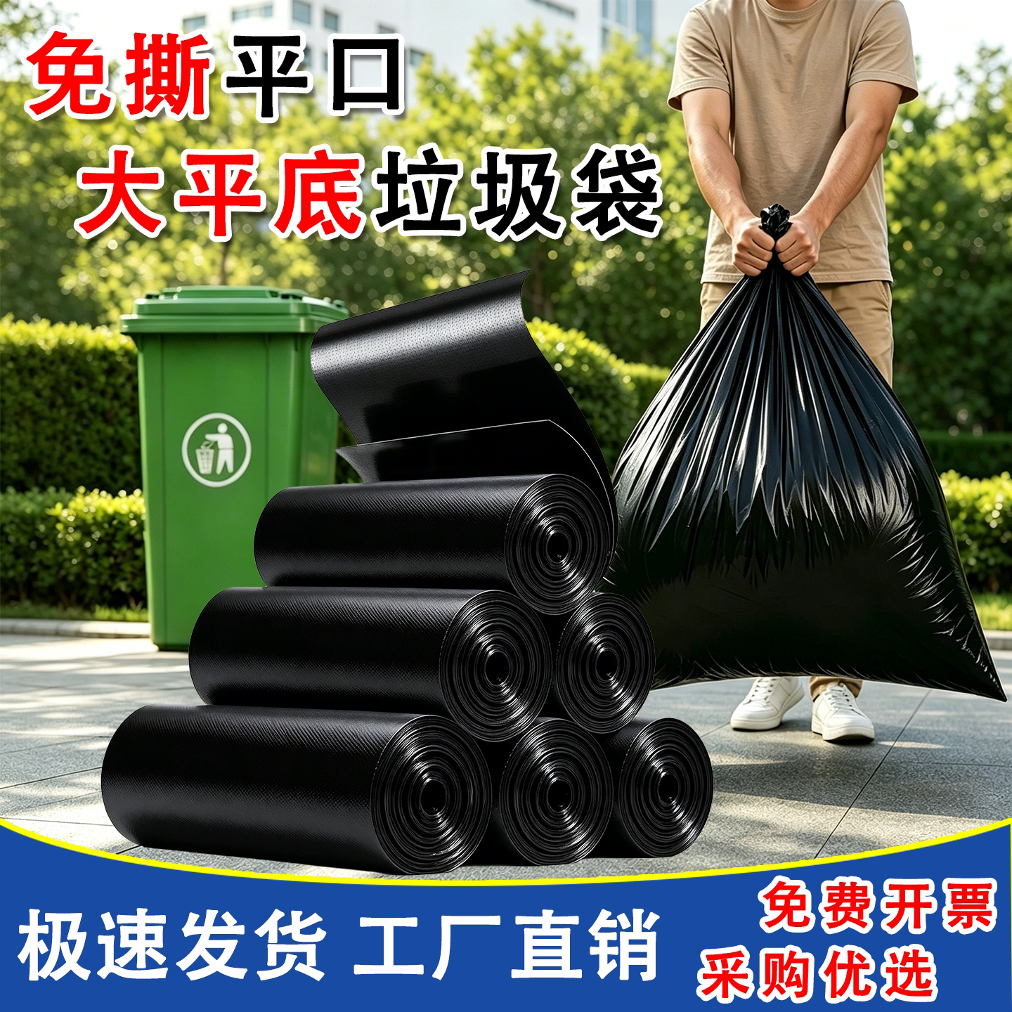 免撕平底黑色垃圾袋加大加厚适用于商用餐饮酒店物业耐用垃圾袋