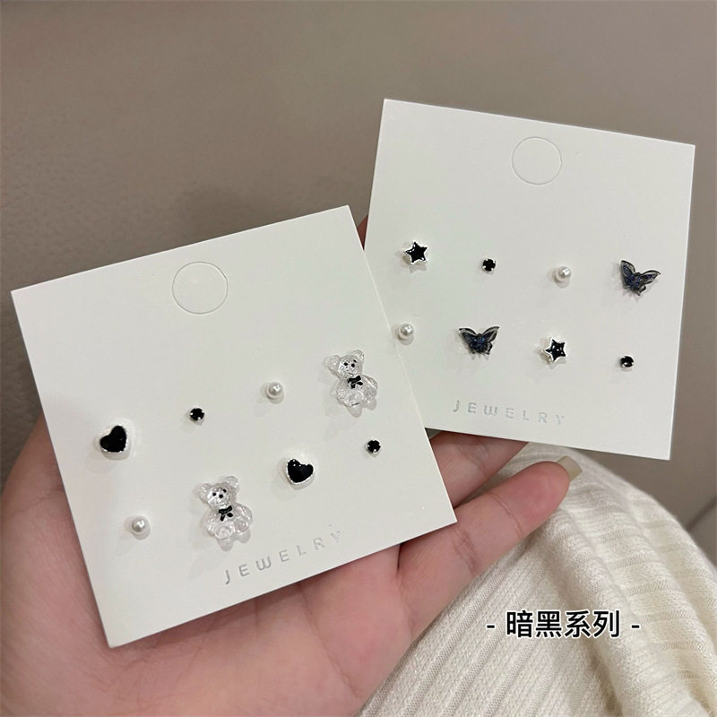 暗夜小熊蝴蝶耳钉套装日常百搭