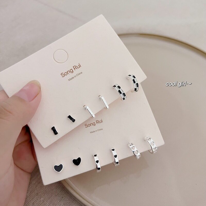 气质棋盘格黑白几何耳圈