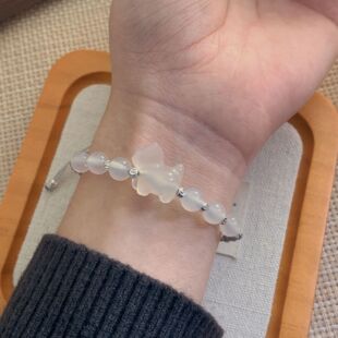 新中式天然白玉髓玛瑙溜达猫手串女编织手绳手链轻奢小众简约配饰